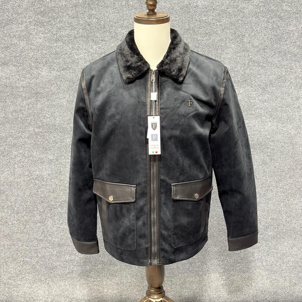 F Collections Jacket Mens Medium Black Fleece Faux Suede Bomber M24926 Lined